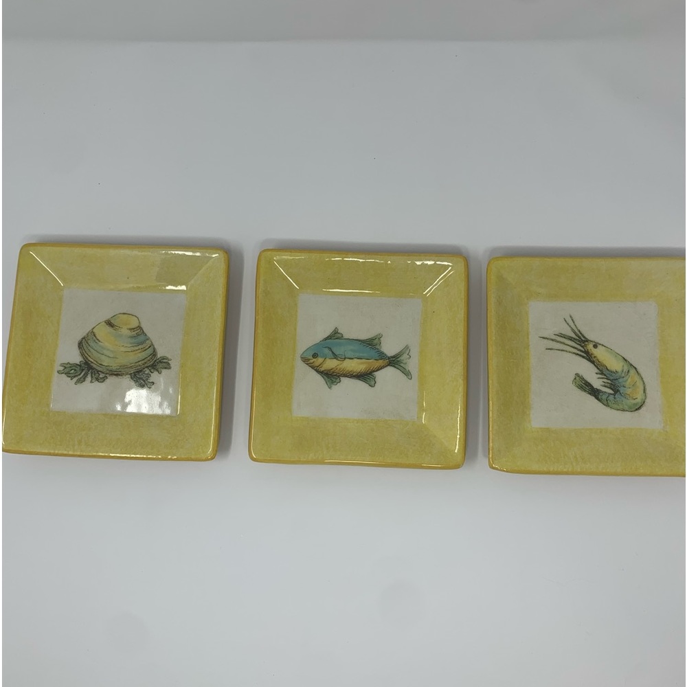 3 Williams Sonoma Verano Tile Small Square Plates Yellow Boarder Fish Theme
